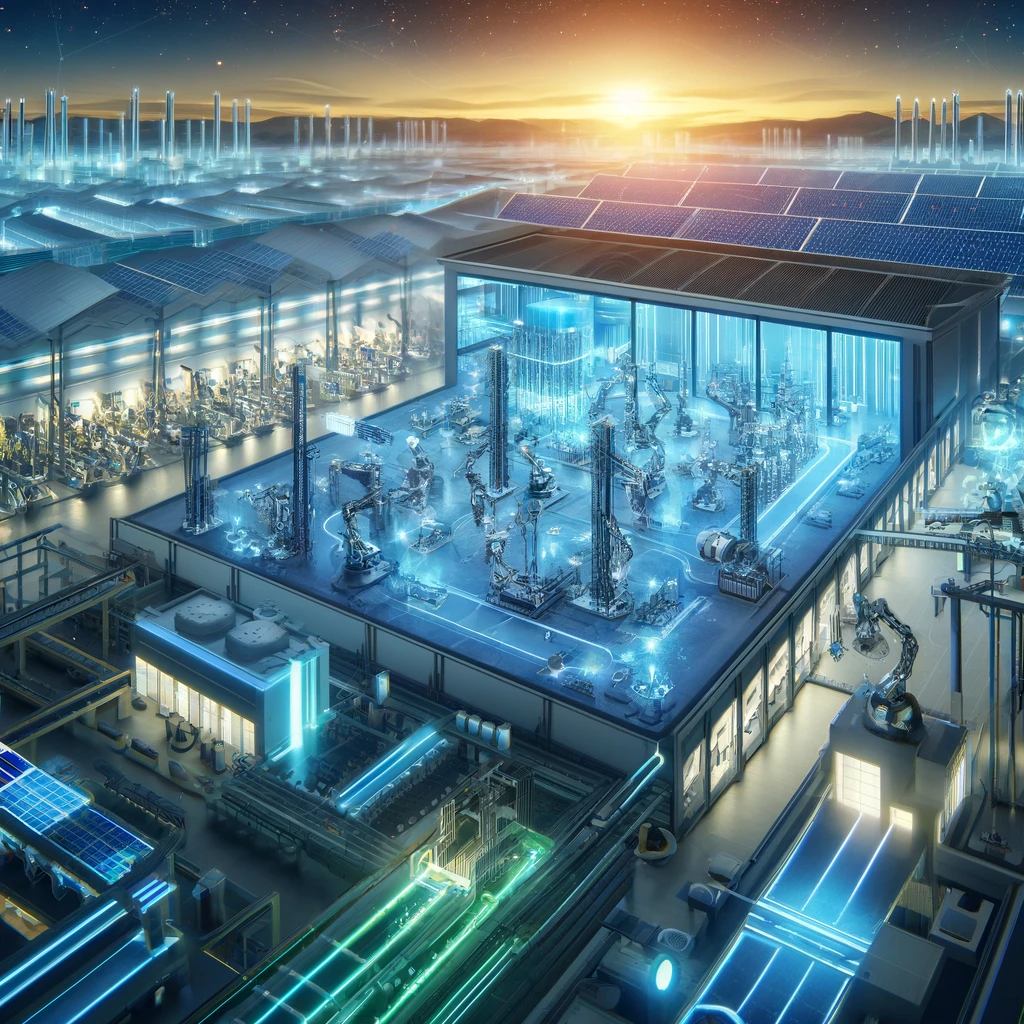 DALL·E 2024 04 30 16.25.17 A futuristic smart factory with emphasis on direct current DC power systems over alternating current AC. The scene includes a large industrial com